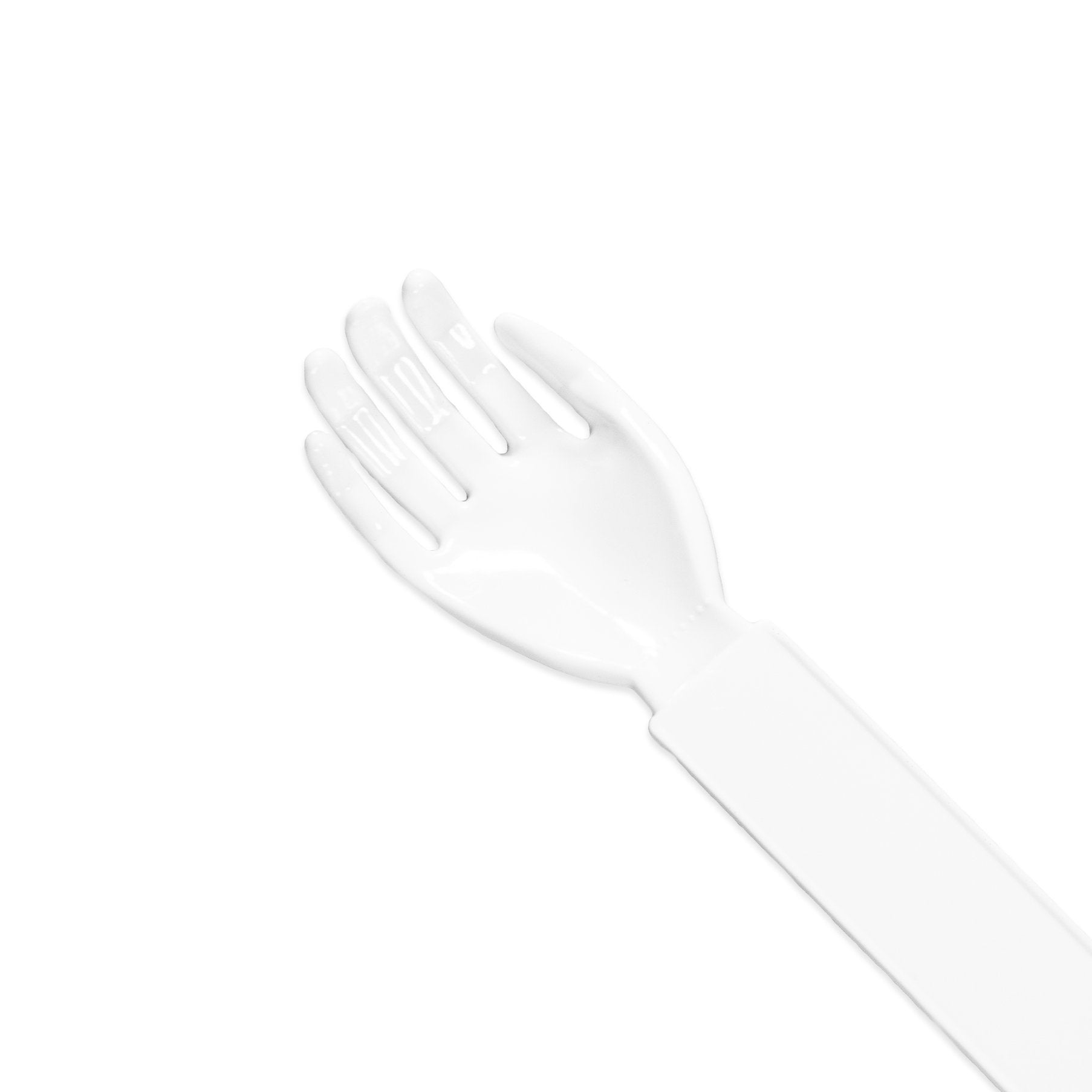 A close up photo of a white double ended shoe horn and back scratcher against a white background.  The photo shoes the back scratcher portion which is in the shape of a hand.