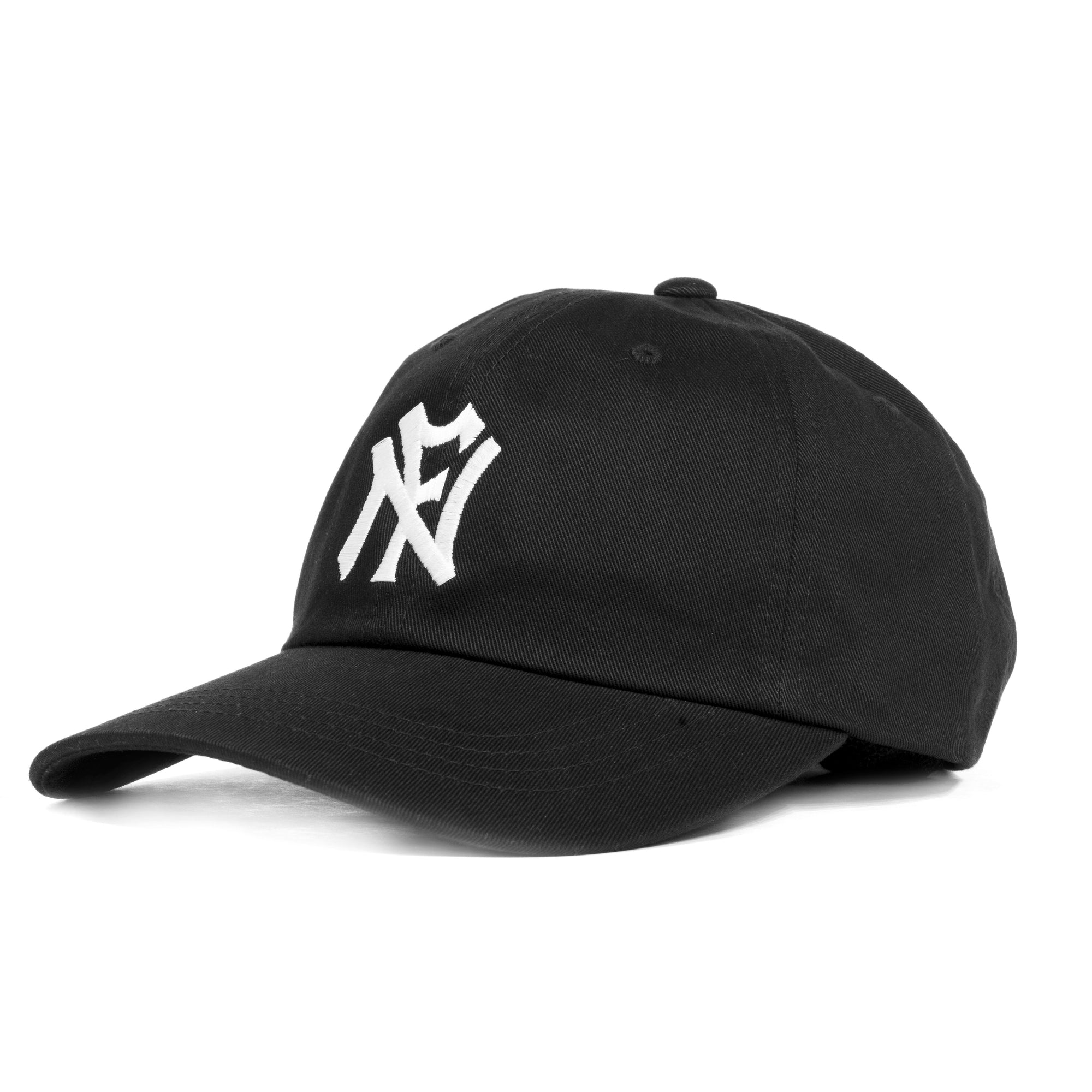Black baseball cap featuring an embroidered N.F (No Fun®) logo in white, which references baseball logos. 