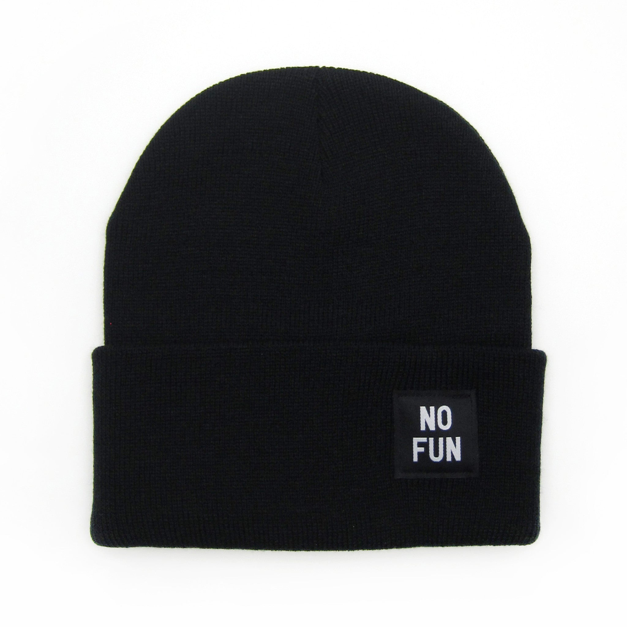 The classic "No Fun" labelled beanie in black.  There is a small, black, woven label that reads "No Fun®" on the cuff.