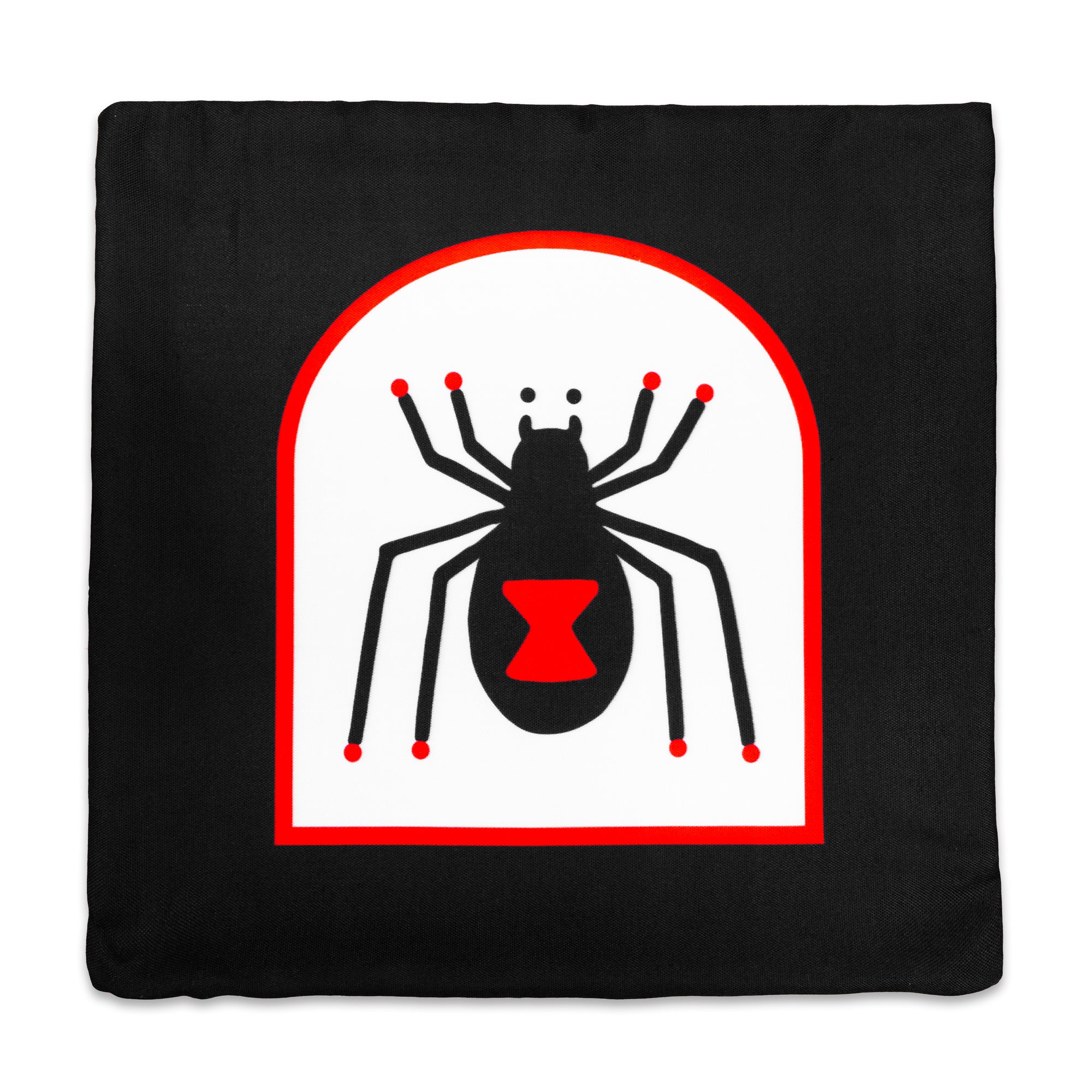 The "Devil & Black Widow" Pillowcase by No Fun®. Pillowcase is black, with a double sided design. One side has a red and white tombstone shape with a cartoon spider in the center. The Spider has a large, red, hourglass on its body.