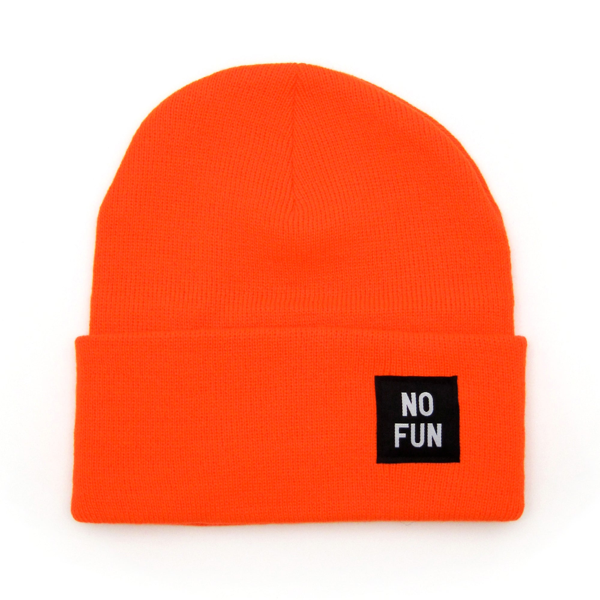 The classic "No Fun" labelled beanie in orange. There is a small, black, woven label that reads "No Fun®" on the cuff.
