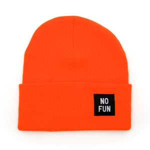 The classic "No Fun" labelled beanie in orange. There is a small, black, woven label that reads "No Fun®" on the cuff.