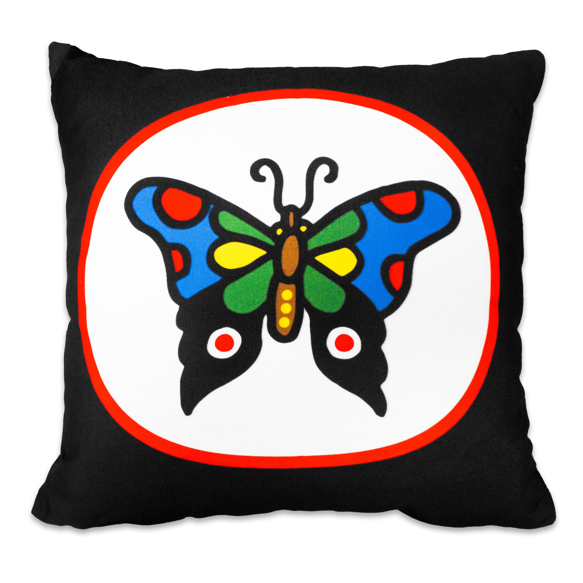 The "Angry Flower & Butterfly" Pillow by No Fun®. Pillow is black, with a double sided design. This side has a red and white oval, with a multi coloured cartoon butterfly in the center. 