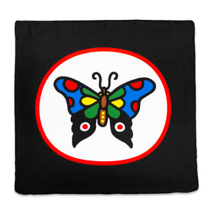 The "Angry Flower & Butterfly" Pillowcase by No Fun®. Pillowcase is black, with a double sided design. This side has a red and white oval, with a multi coloured cartoon butterfly in the center.