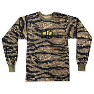 Tiger camouflage longsleeve shirt with oval "No Fun®" logo in center.