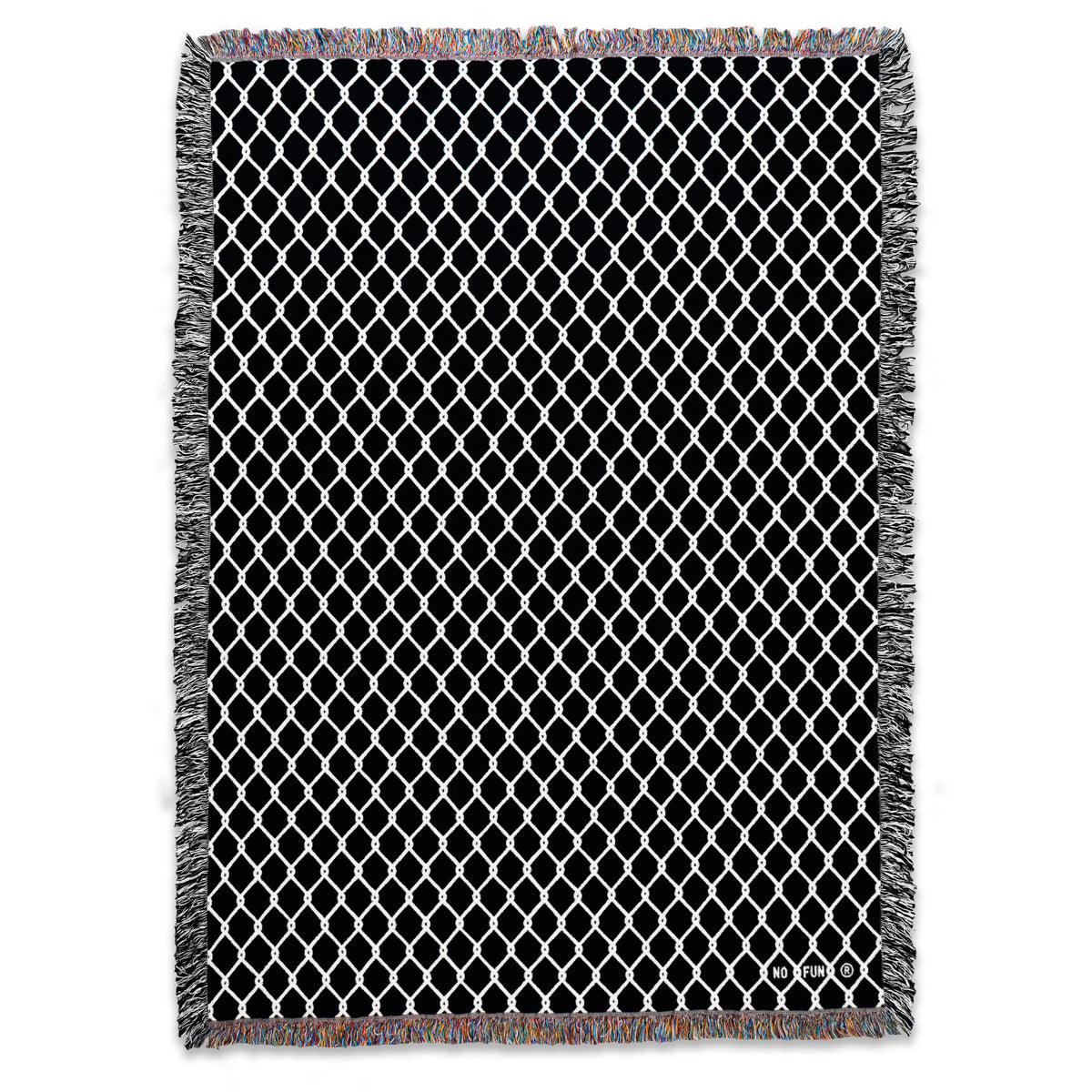 The original "Chainlink" Woven Blanket from No Fun®.  Woven blanket is black, with white chainlink design and is photographed flat against a white background.  There is a small "No Fun®" logo in the bottom right-hand corner of the blanket.