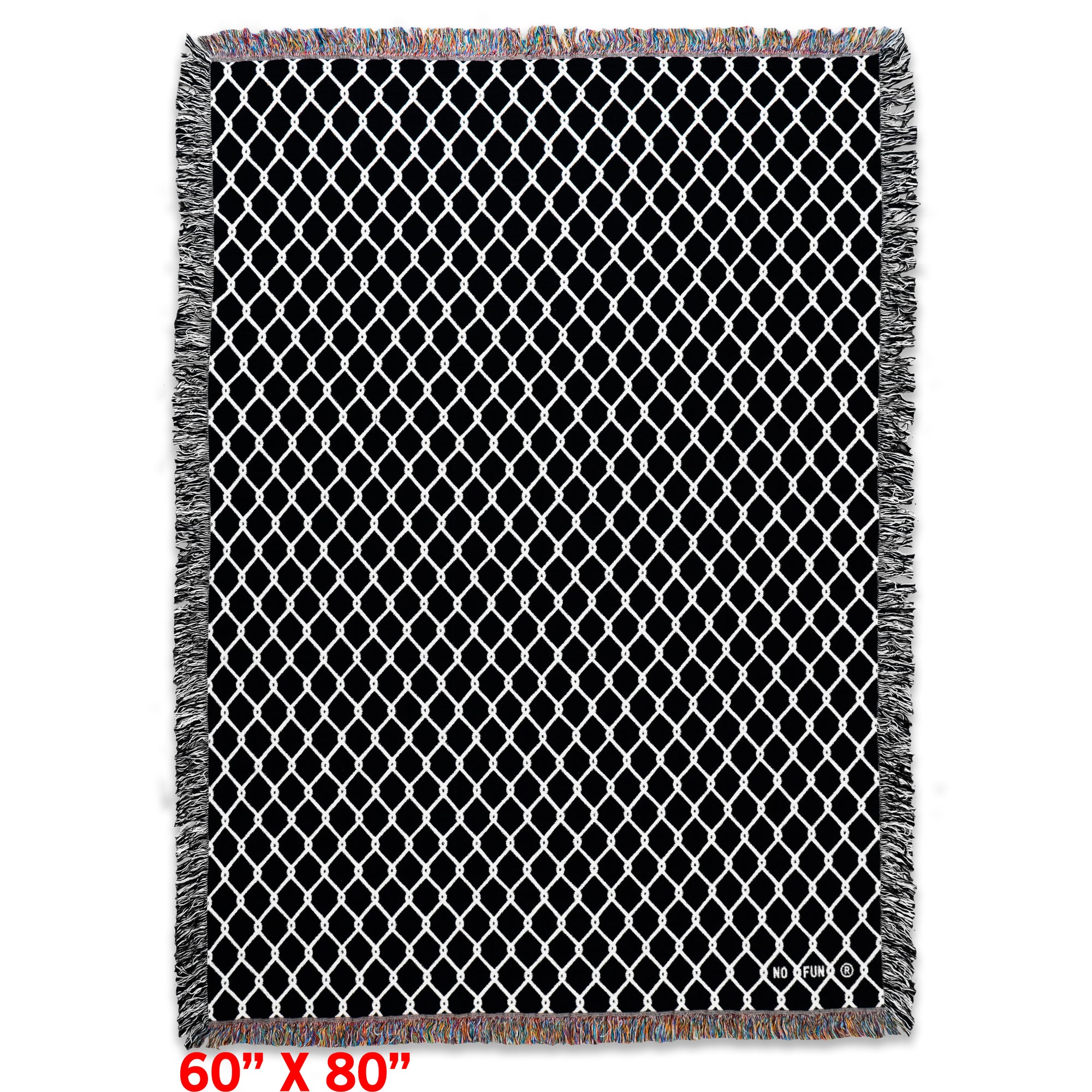 The original "Chainlink" Woven Blanket from No Fun®.  Woven blanket is black, with white chainlink design and is photographed flat against a white background.  There is a small "No Fun®" logo in the bottom right-hand corner of the blanket.  There is read text that reads "60" X 80" in the bottom left-hand corner, specifying the blankets size.