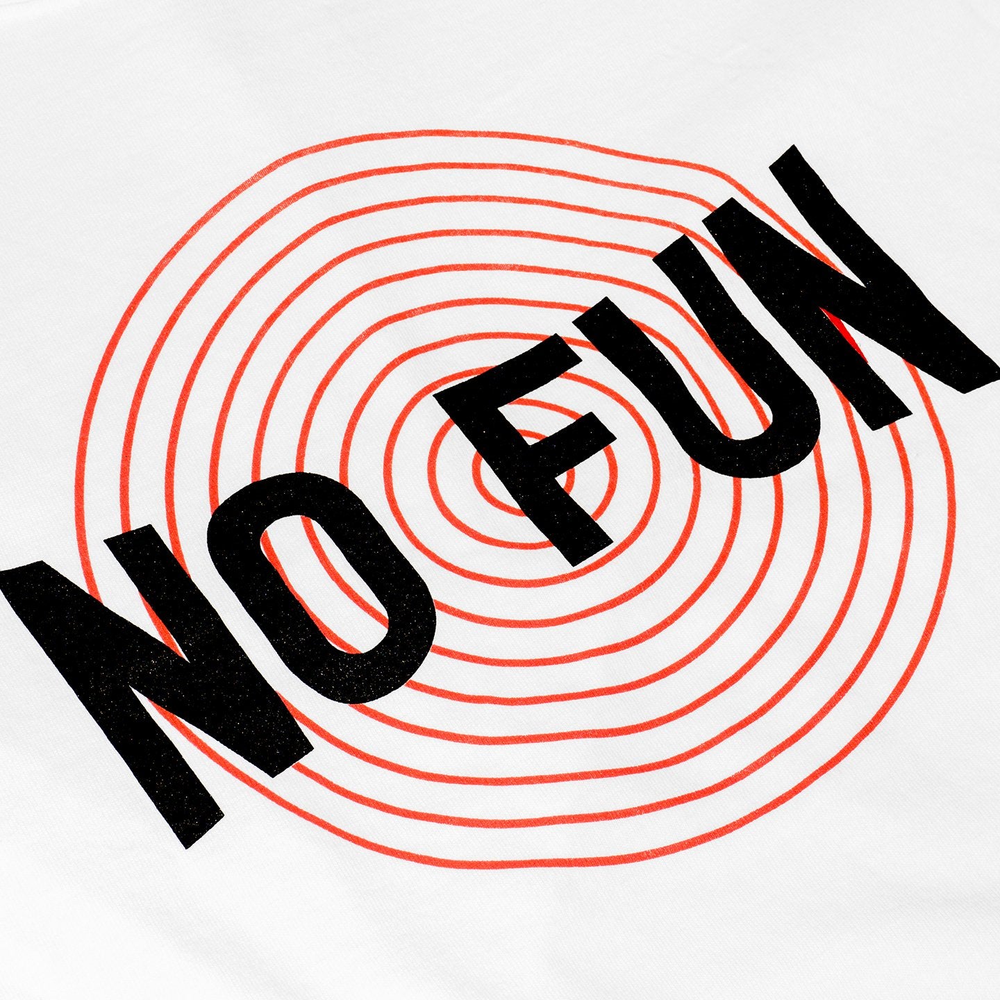 Detail of No Fun Press "Circles" Shirt. Red concentric circles with black No Fun logo on top.