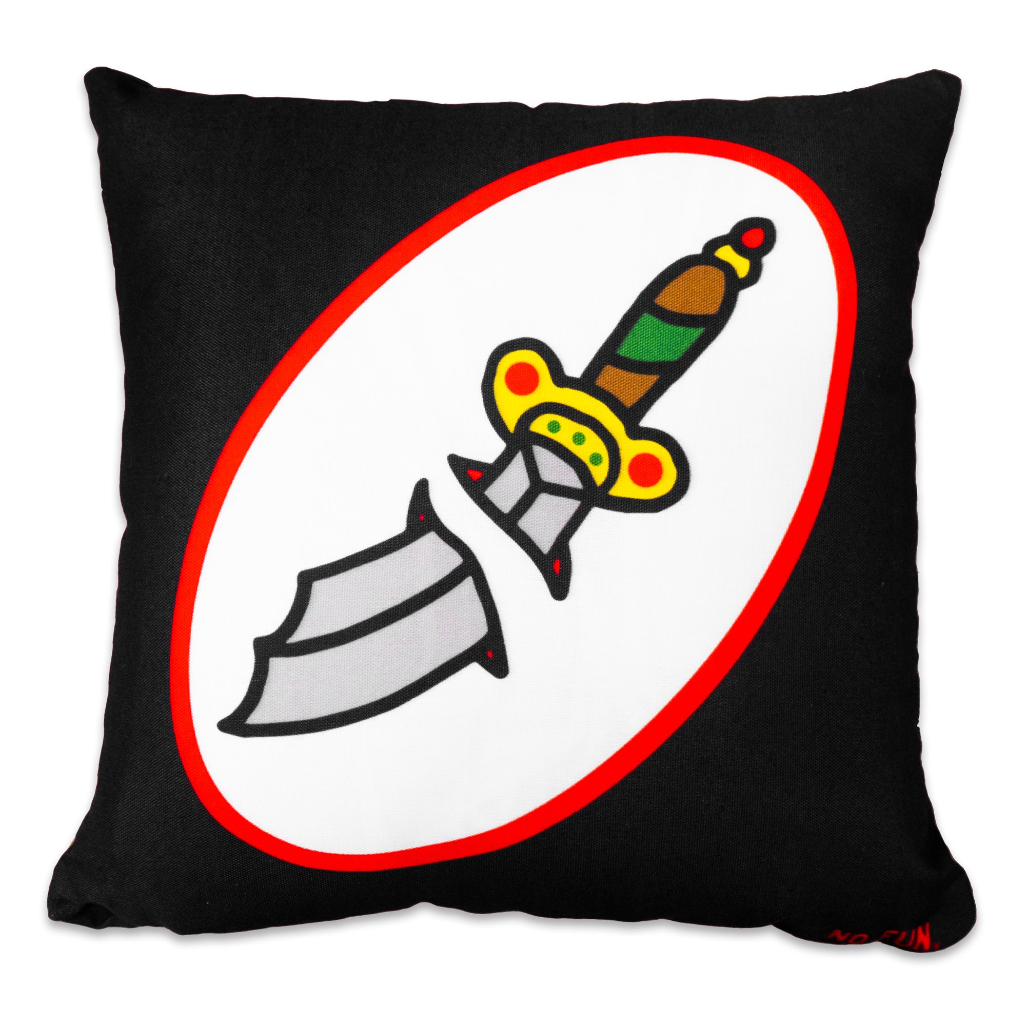 The "Sword & Rose" Pillow by No Fun®. Pillow is black, with a double sided design. One side has a red and white oval, with a cartoon sword in the center. The sword is in two pieces, appearing as if it is piercing through the center of the oval. There is a small, red, "No Fun®" logo in the bottom right hand corner of the pillow.