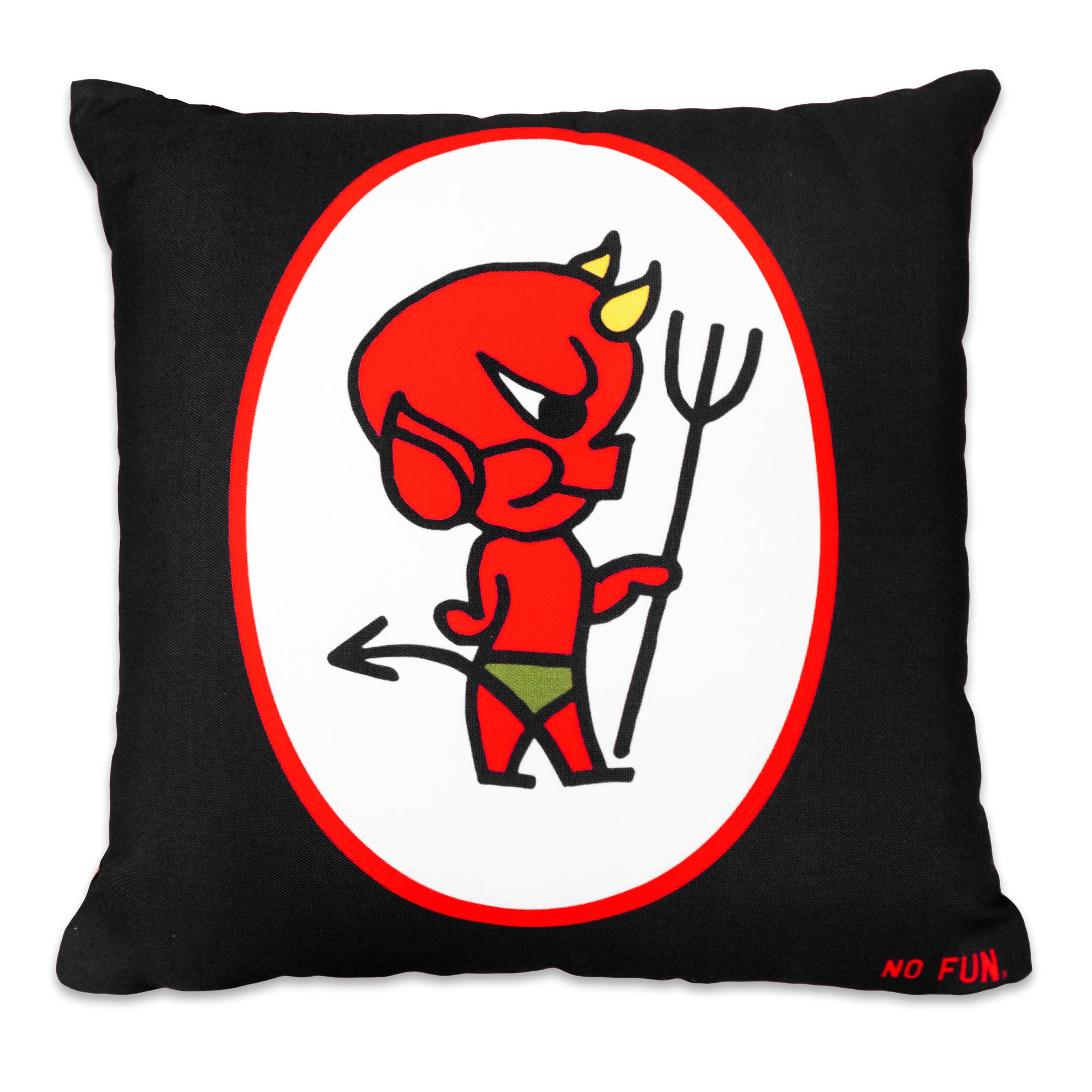 The "Devil & Black Widow" Pillow by No Fun®. Pillow is black, with a double sided design. One side has a red and white oval, with a cartoon devil in the center.  The devil character is red, has yellow horns, green shorts, black pitchfork.  There is a small, red, No Fun® logo in the bottom right hand corner of the pillow.