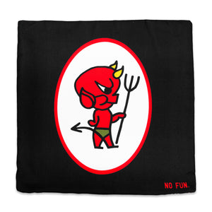 The "Devil & Black Widow" Pillowcase by No Fun®. Pillowcase is black, with a double sided design. One side has a red and white oval, with a cartoon devil in the center. The devil character is red, has yellow horns, green shorts, black pitchfork. There is a small, red, No Fun® logo in the bottom right hand corner of the pillowcase.