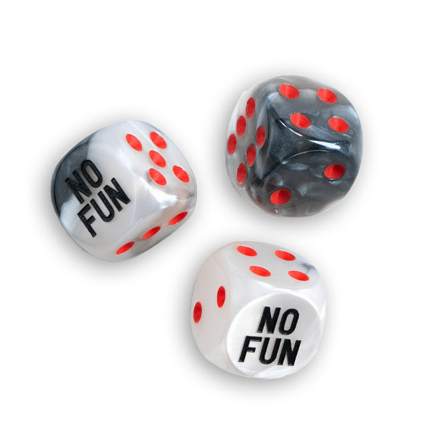 The "No Fun®" Dice set. Dice are a grey and white pearlescent marble colour, with red spots. The "No Fun®" logo is printed in black, and replaces the side that represents the number 1.
