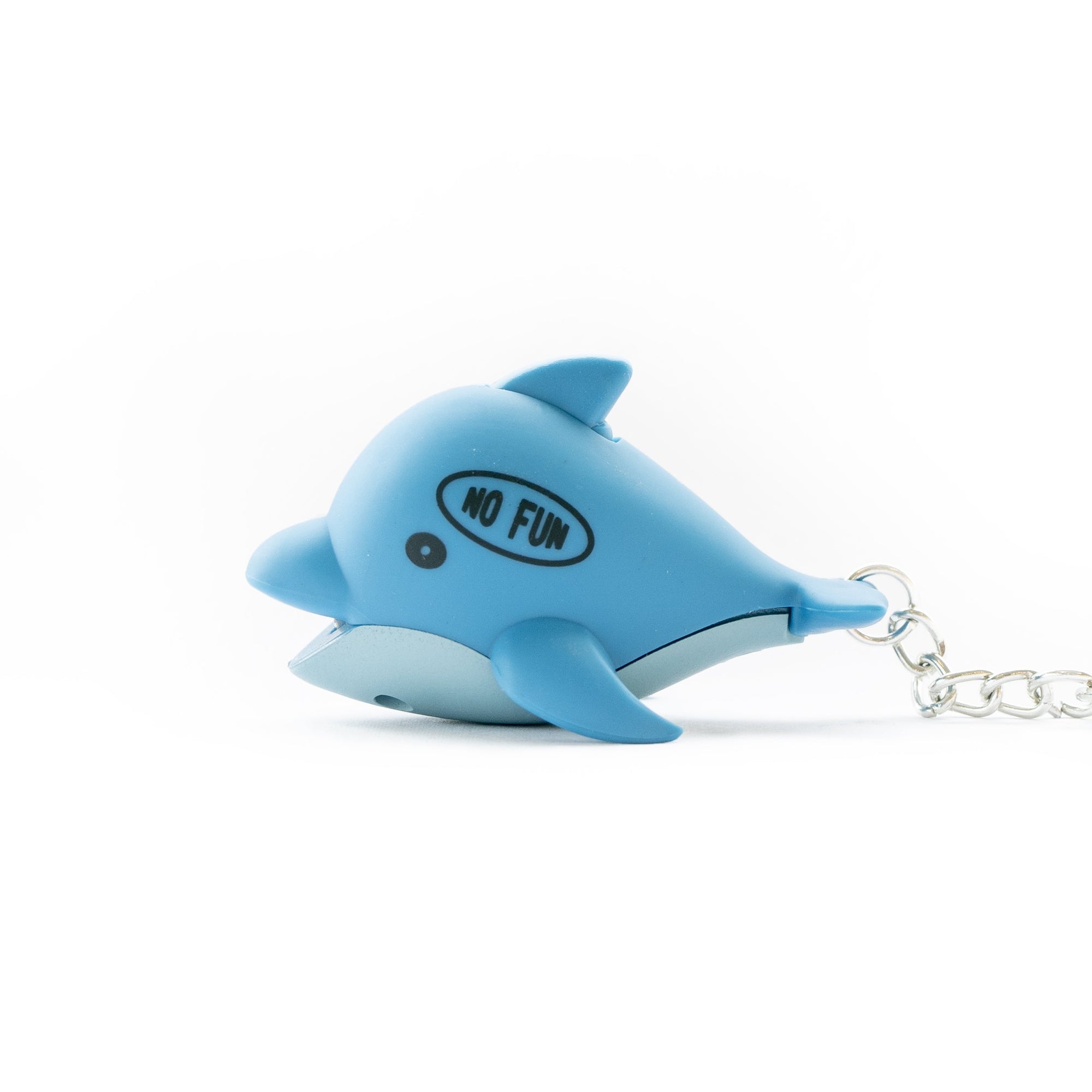 Dolphin keychain that lights up when pressed. No Fun® logo on left side of dolphin.