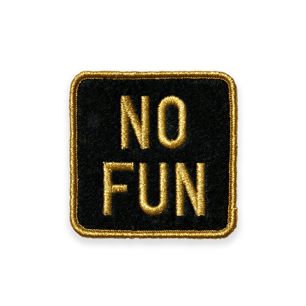 The new No Fun square logo patch. Gold metallic thread on black felt. Designed in Toronto