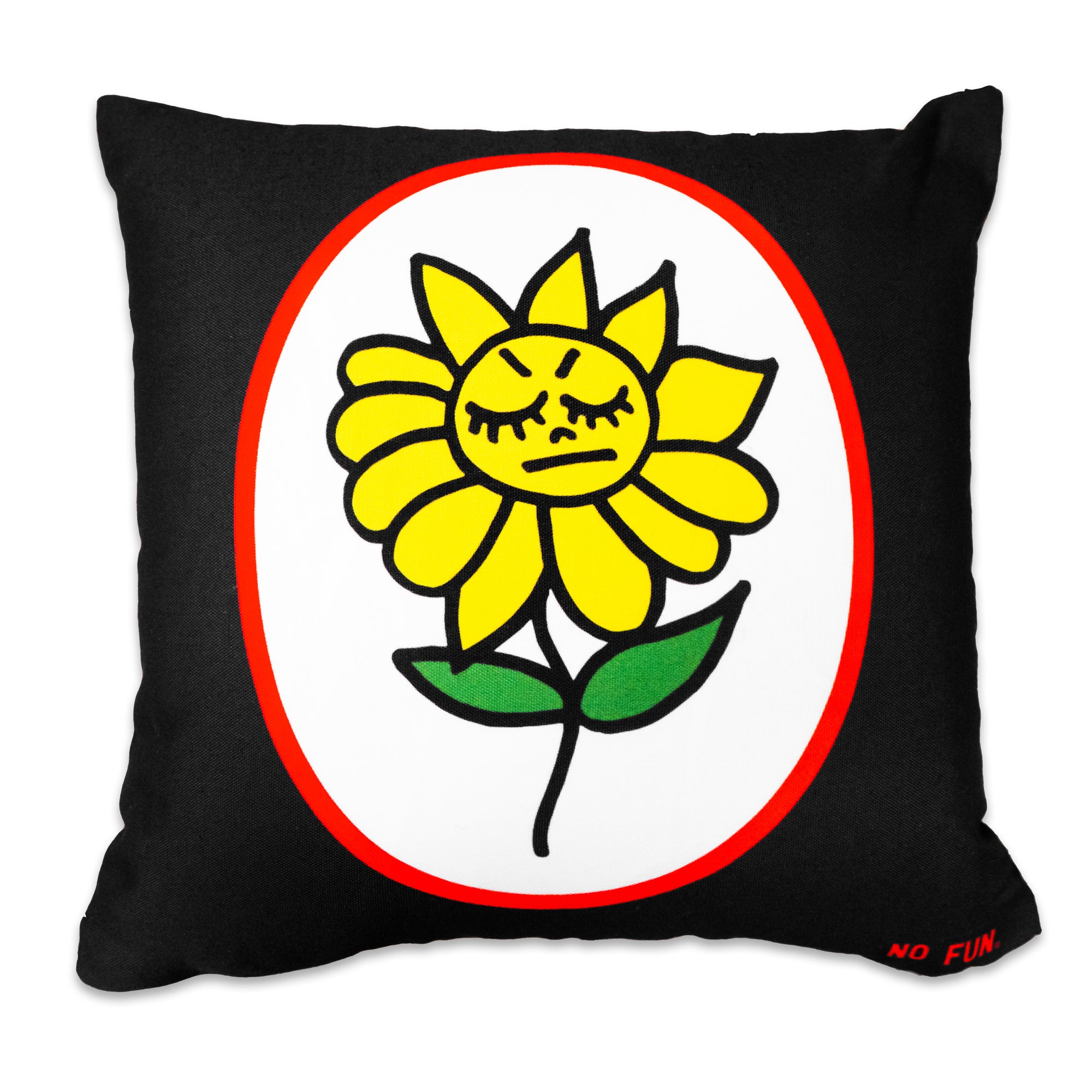 The "Angry Flower & Butterfly" Pillow by No Fun®.  Pillow is black, with a double sided design. This side has a red and white oval, with a yellow cartoon flower in the center.  The flower has an angry expression, and two green leaves.  There is a small, red, "No Fun®" logo in the bottom right hand corner of the pillow.