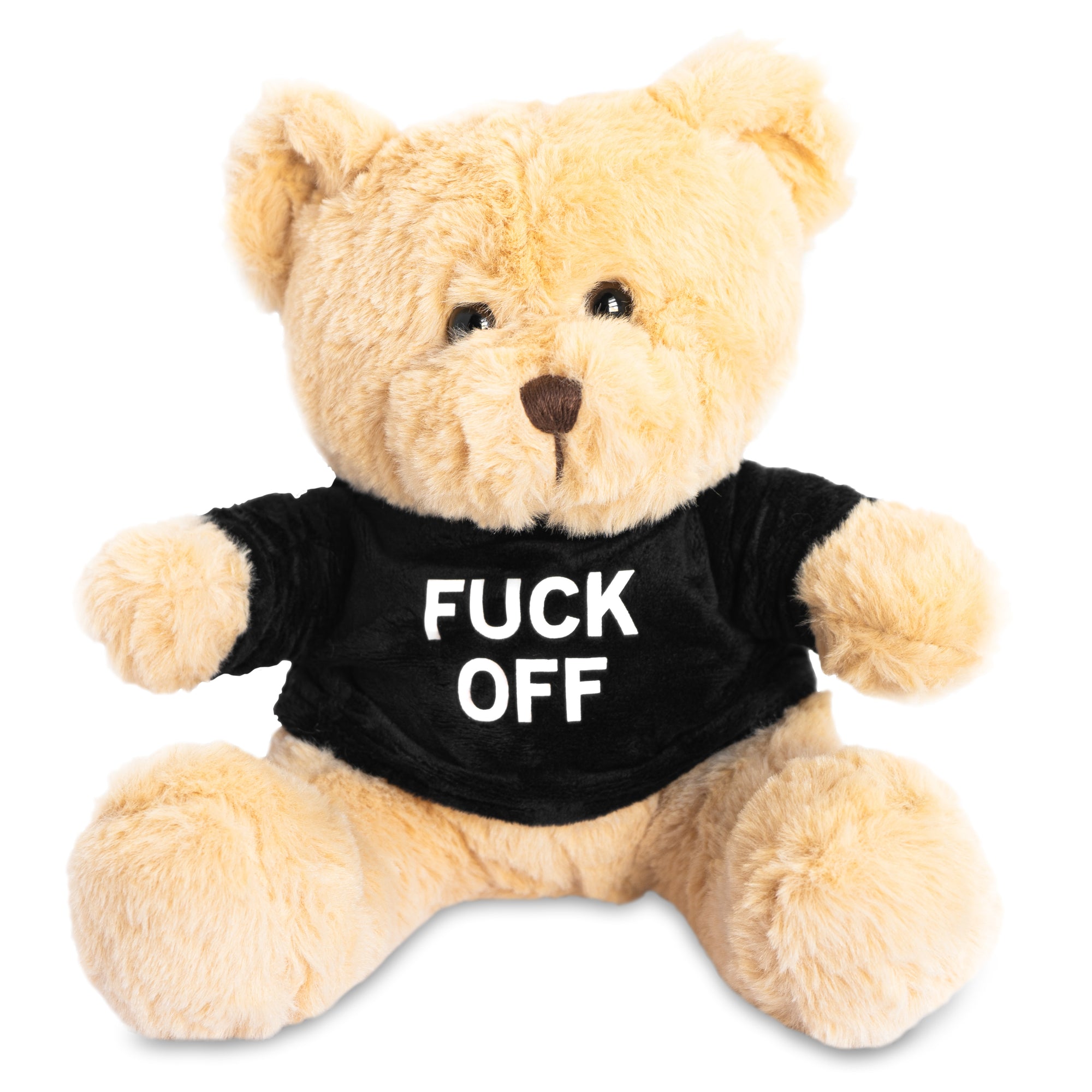 The "Friendly" Teddy Bear by No Fun®.  Plush toy bear is beige and wears a black shirt with the phrase "FUCK OFF" printed on the front.  Bear has a brown nose, and brown plastic eyes.