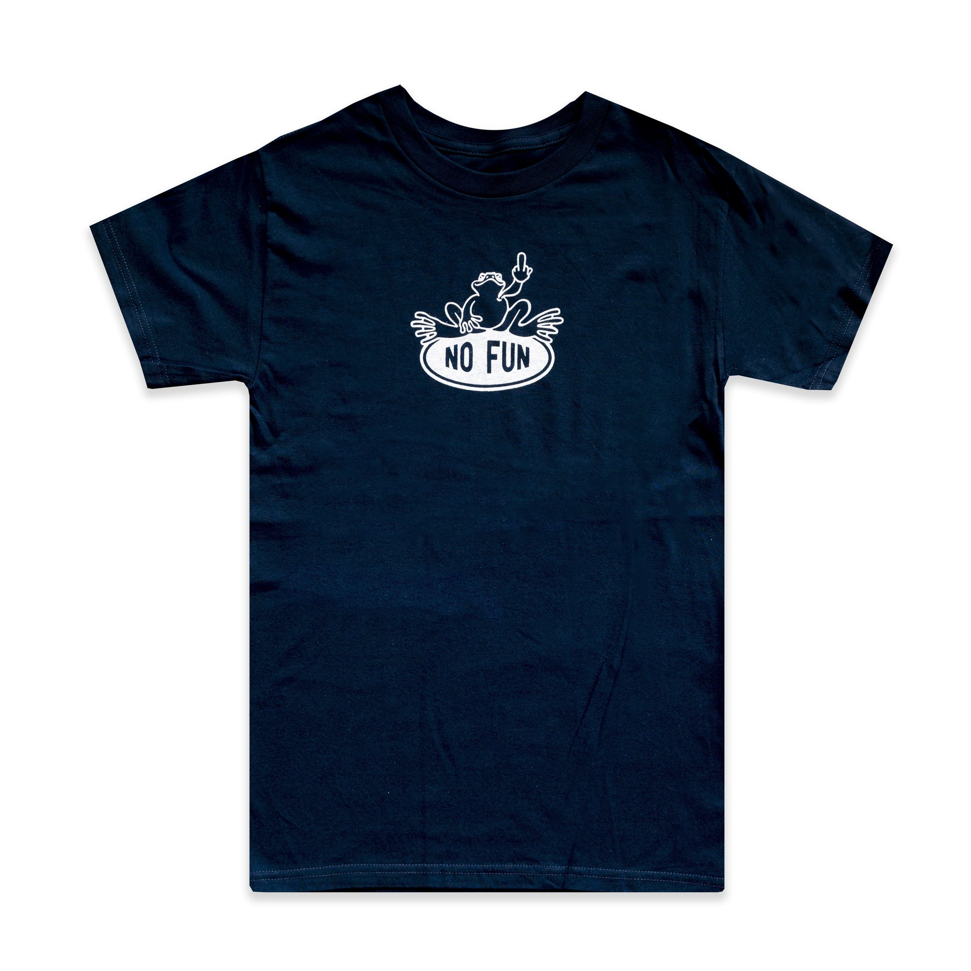 Navy t-shirt with print of frog giving the middle finger. Frog is sitting on an oval No Fun® logo.