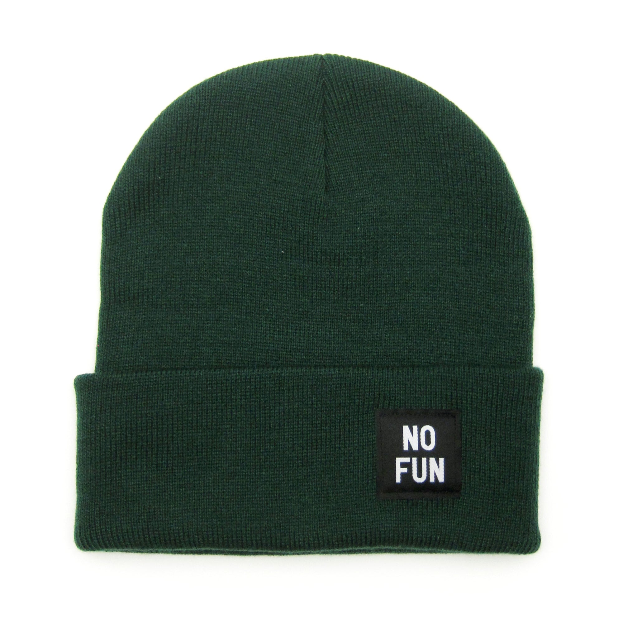 The classic "No Fun" labelled beanie in Forest Green. There is a small, black, woven label that reads "No Fun®" on the cuff.