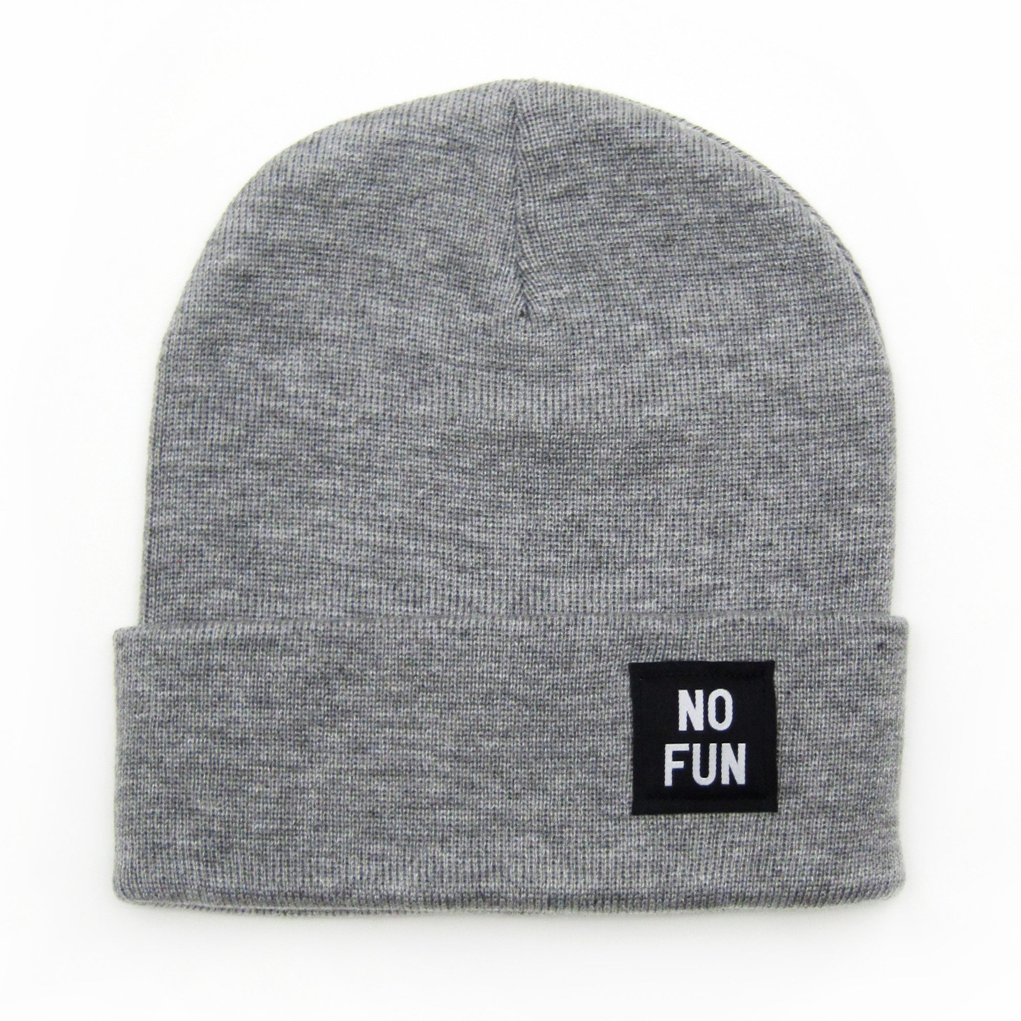 The classic "No Fun" labelled beanie in Heather Grey. There is a small, black, woven label that reads "No Fun®" on the cuff.