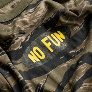 Closeup detail of the "No Fun®" oval logo on the "Invisible" longsleeve shirt.
