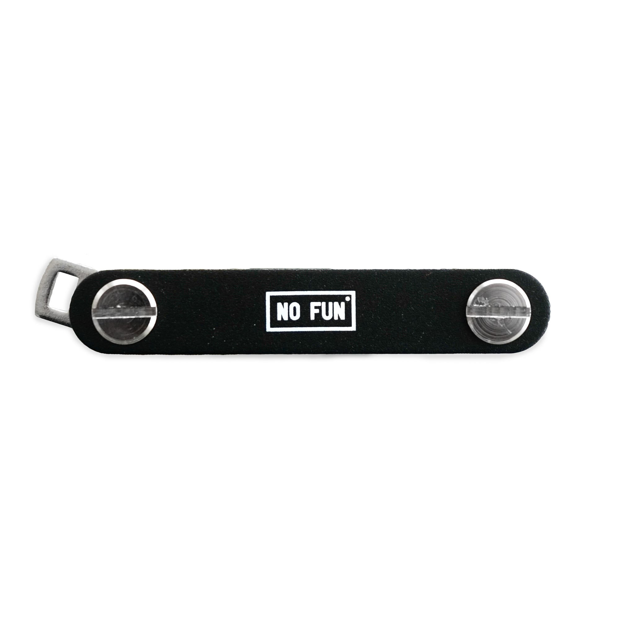 Photo features the "No Fun®" key holder against a white background.  The product is black, with a small white "No Fun®" logo that is found in the enter. 