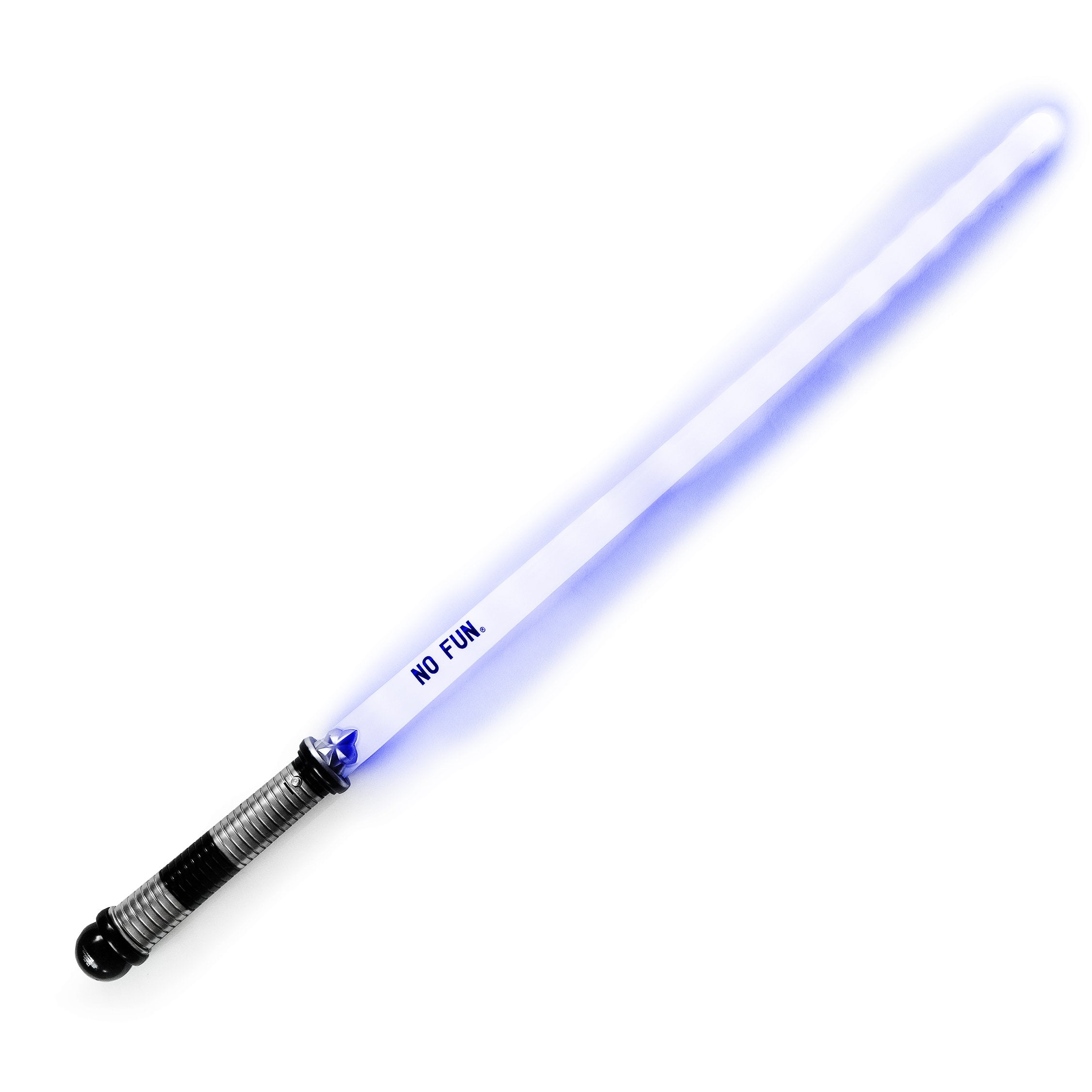 Photo of a light up novelty sword glowing blue on a white background. Near the handle is a Black "NO FUN®" logo."