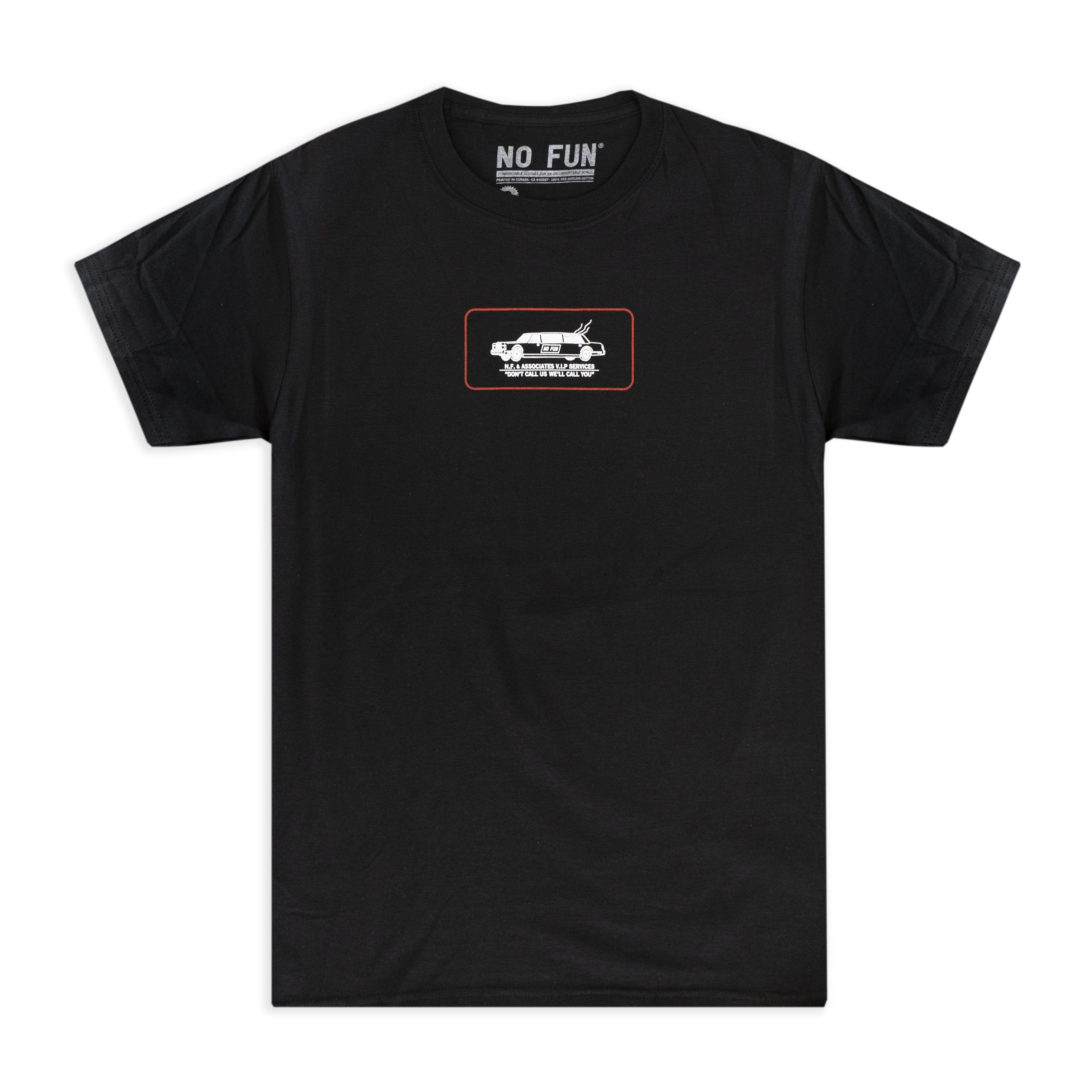 Black t-shirt with a chest print. Print is a drawing of a limo with smoke coming out of it, sized ~4" wide. Text underneath the car says "Don't call us, we'll call you".