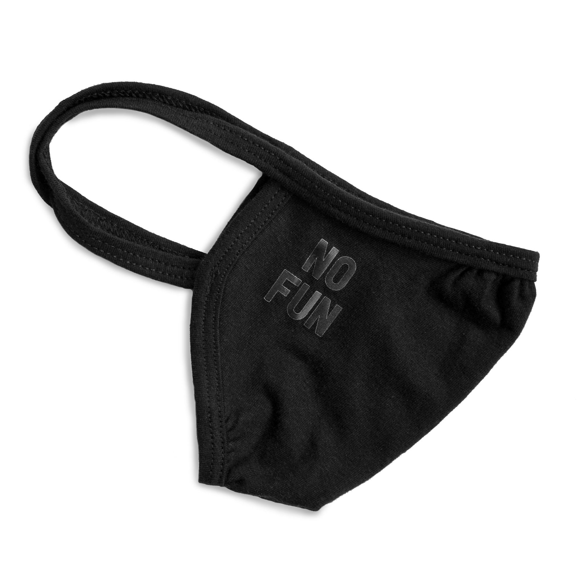 Photo of the "No Fun®" Face Mask.  The product is black and is photographed against a white background.  The mask features a small "No Fun®" logo in black near the ear strap.