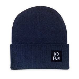 The classic "No Fun" labelled beanie in navy. There is a small, black, woven label that reads "No Fun®" on the cuff.