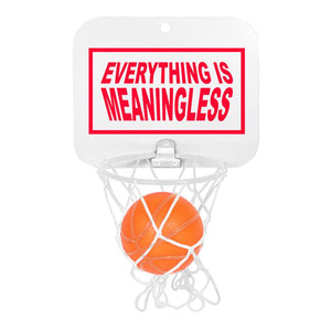 Wal mount basketball game with big red "Life is Meaningless" print on backboard. Comes with net, ball, and suction cups for mounting.