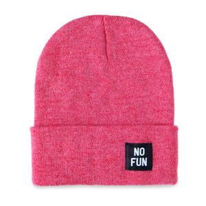 The classic "No Fun" labelled beanie in Pink. There is a small, black, woven label that reads "No Fun®" on the cuff.