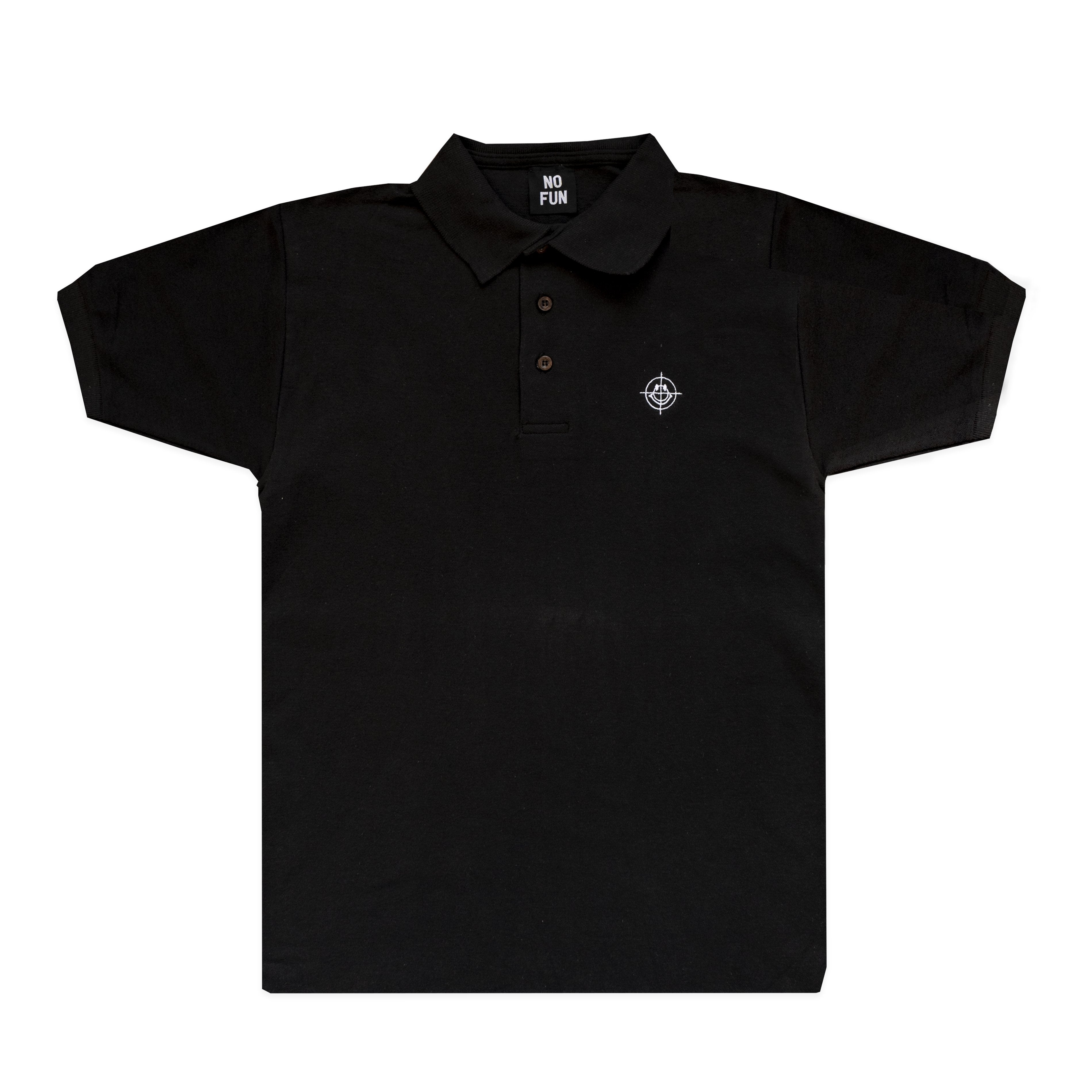 Black polo shirt with small embroidered "Target" logo from No Fun®. Embroidery is of a smiley face in a crosshair, sized 1.25" diameter.
