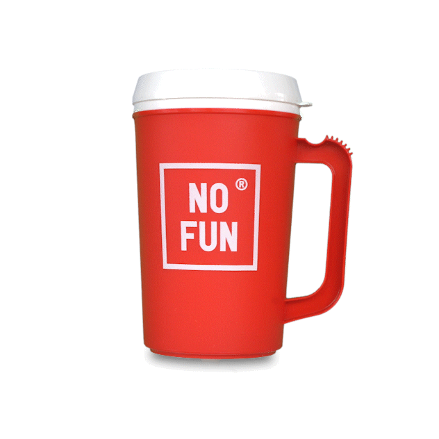 "Big Sipper" mug in Red by No Fun®.   The plastic, insulated mug is shown rotating 360 degrees against a white background.  Mug has a white lid.  There is a square "No Fun®" logo printed in white on one side.