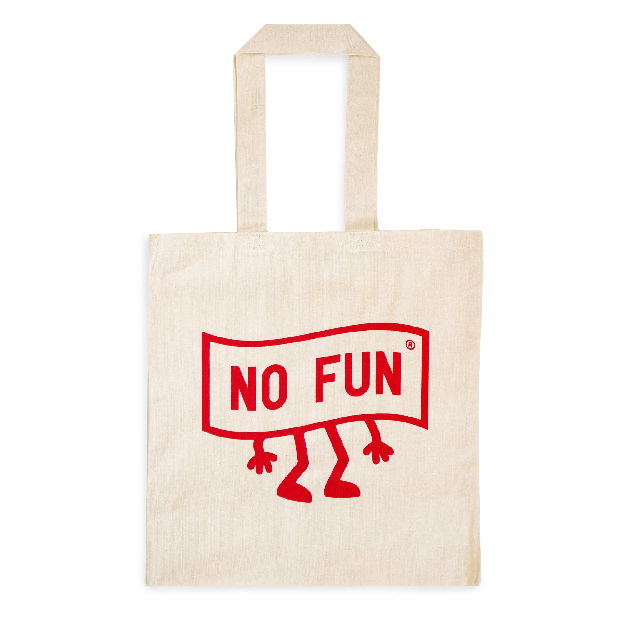 Image features a photo of the "No Fun®" Walking tote bag against a white background.  The tote bag is cream coloured, and features a large, red "No Fun®" logo in a banner shape.  The logo also has hands and feet attached in the same colour, implying that the logo has human likeness.