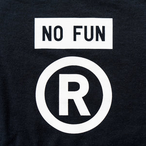 Detail of the oversized pocket print of the registered trademark symbol and the No Fun® box logo. Celebrating the filing of No Fun's® trademark application.