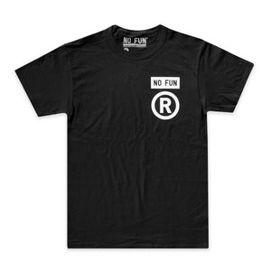 Black t-shirt with oversized pocket print of the registered trademark symbol and the No Fun® box logo. Celebrating the filing of No Fun's® trademark application.