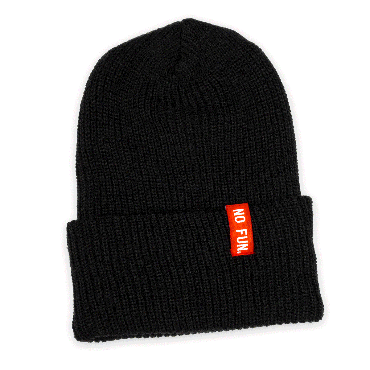 Animated Gif showcasing the available colours of the "No Fun®" Ribbed beanie.  The Gif flashes through each available colour in the following order:  Black, Navy, Olive Drab, Desert Tan.  The beanie features a small, red, woven label that fold over the cuff.  the label reads "No Fun®" in white text.