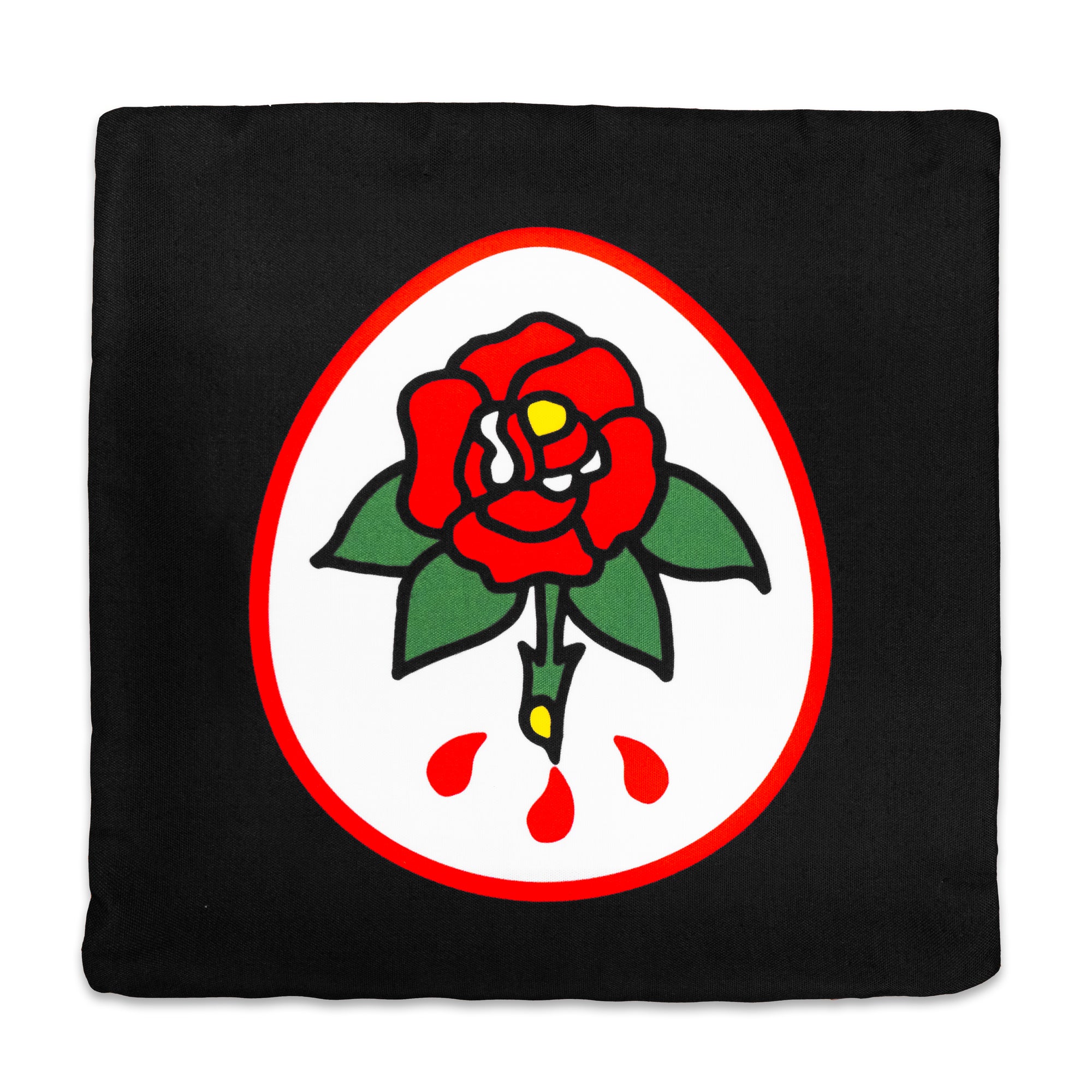 The "Sword & Rose" Pillowcase by No Fun®. Pillowcase is black, with a double sided design. One side has a red and white oval, with a cartoon rose in the center. The rose is red, and has 4 green leaves and a green stem. There are 3 red drips near the bottom of the stem.
