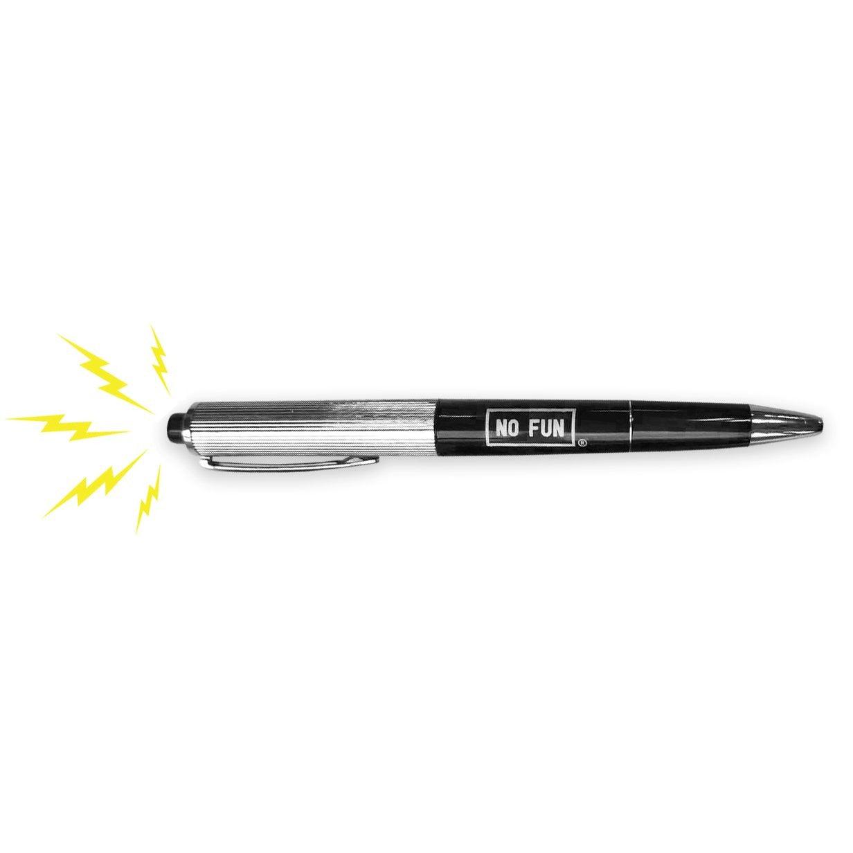 "High Energy" Shocking Pen from No Fun®. A prank, novelty pen that shocks the user when clicked.  The photo has illustrated lightning bolts near the top, to show where the effect happens.