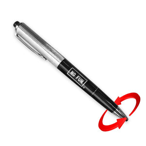 "High Energy" Shocking Pen from No Fun®. A prank, novelty pen that shocks the user when clicked.  The pen is functional, and you can use the "High Energy" Shocking Pen as normal by turning the silver portion of the nib counter-clockwise.