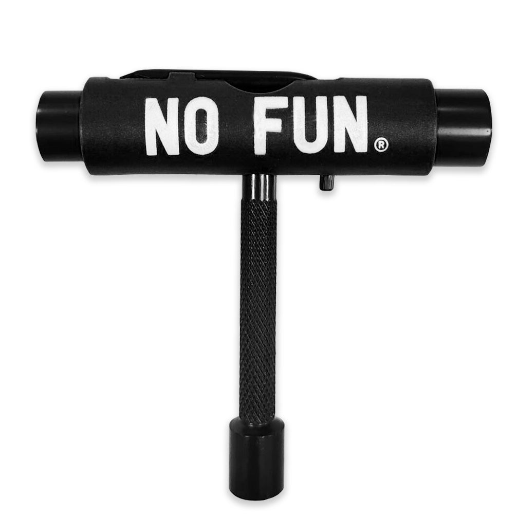 The "No Fun®" skate tool.  The main body of the tool is black, with a large "No Fun®" logo in white.  The tool is in a "T" shape, and includes 3 socket sizes, a file, as well as a removable screwdriver and Allen key.