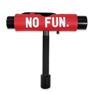 The "No Fun®" skate tool.  The main body of the tool is red, with a large "No Fun®" logo in white.  The tool is in a "T" shape, and includes 3 socket sizes, a file, as well as a removable screwdriver and Allen key.