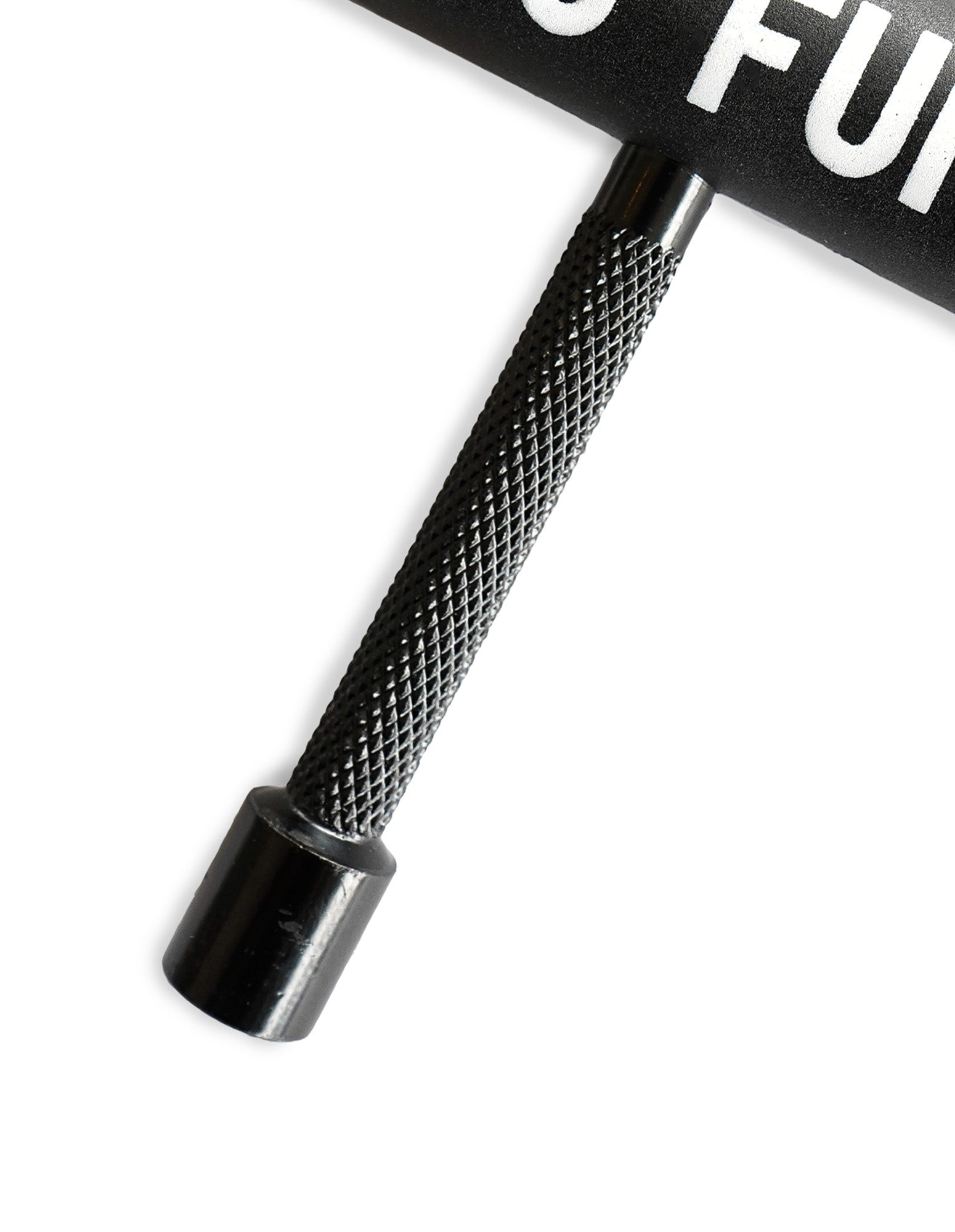 The "No Fun®" skate tool.  The main body of the tool is black, with a large "No Fun®" logo in white.  The tool is in a "T" shape, and includes 3 socket sizes, a file, as well as a removable screwdriver and Allen key. This photo shows a closeup of one of the socket heads, and the built in file.