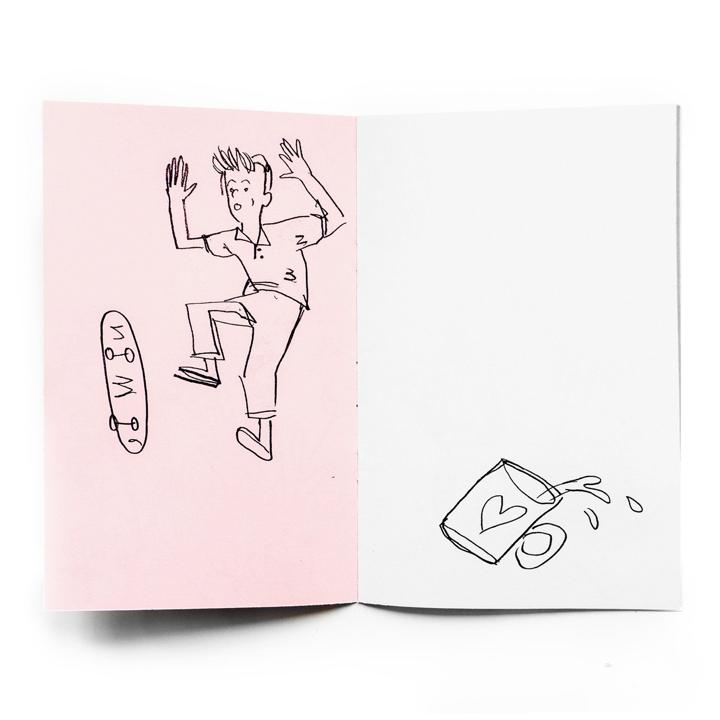 Inside spread of "Fresh Air". Left page is pink, with drawing of a skateboarder falling; right page is white with black drawing of a spilled coffee cup.