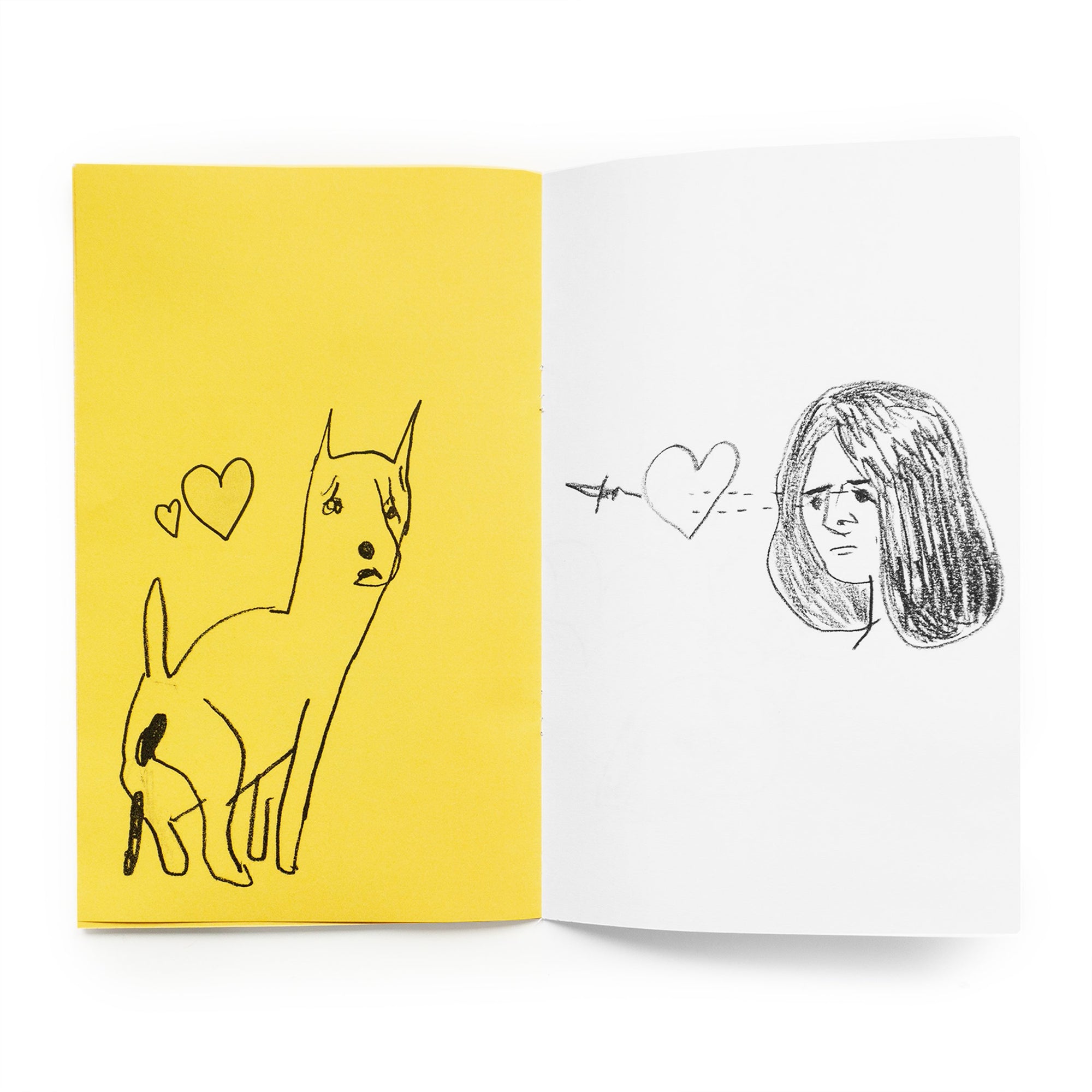 Spread from "Fresh Air". Left page is yellow with black drawing of a dog pooping; right page is white with a pencil drawing of a woman shooting a dagger through a heart with her eyes.