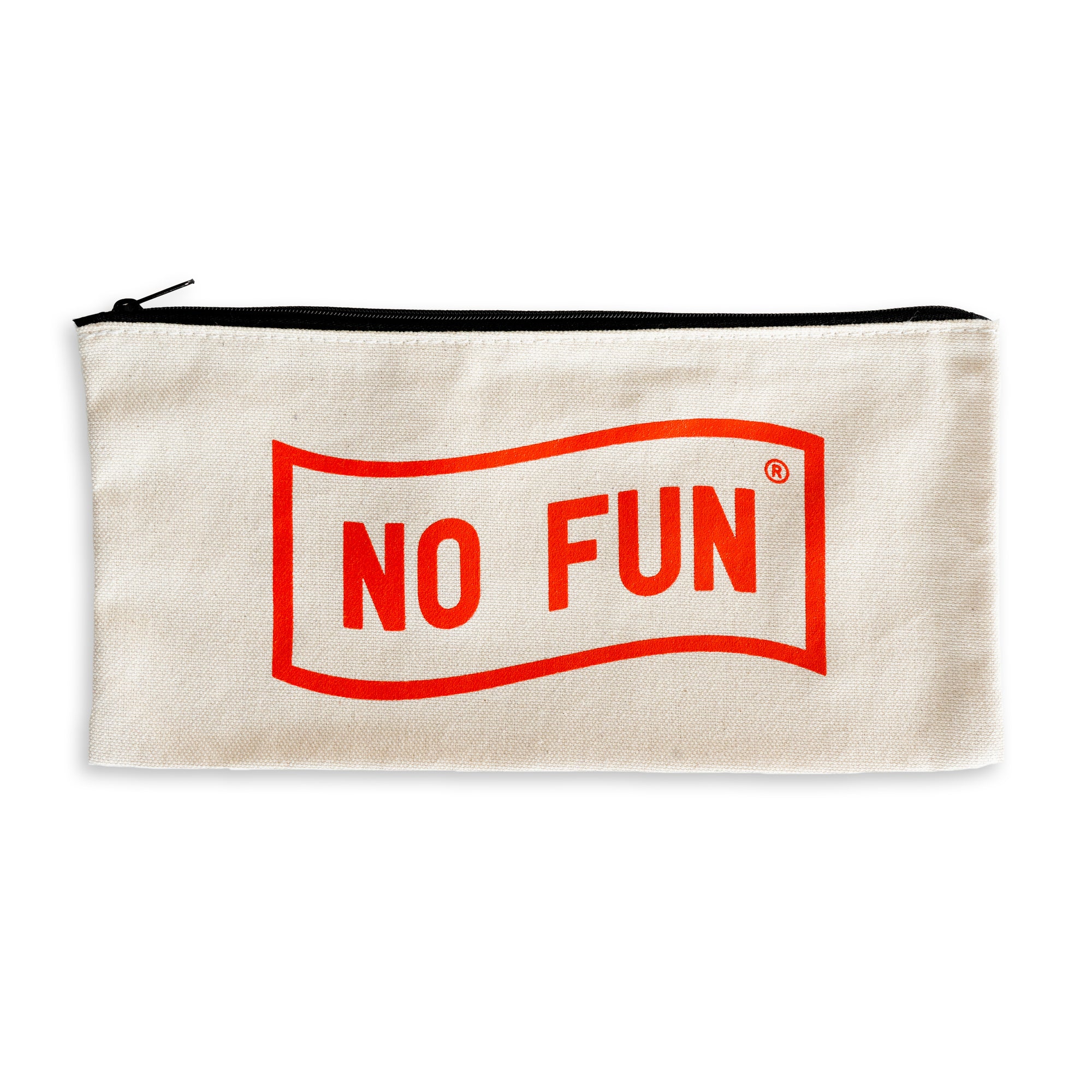 The Stash Pouch by No Fun®.  The pouch is canvas with a black zipper.  There is a large, red, No Fun® logo printed on one side.