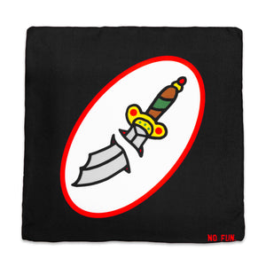 The "Sword & Rose" Pillowcase by No Fun®. Pillowcase is black, with a double sided design. One side has a red and white oval, with a cartoon sword in the center. The sword is in two pieces, appearing as if it is piercing through the center of the oval. There is a small, red, "No Fun®" logo in the bottom right hand corner of the pillowcase.