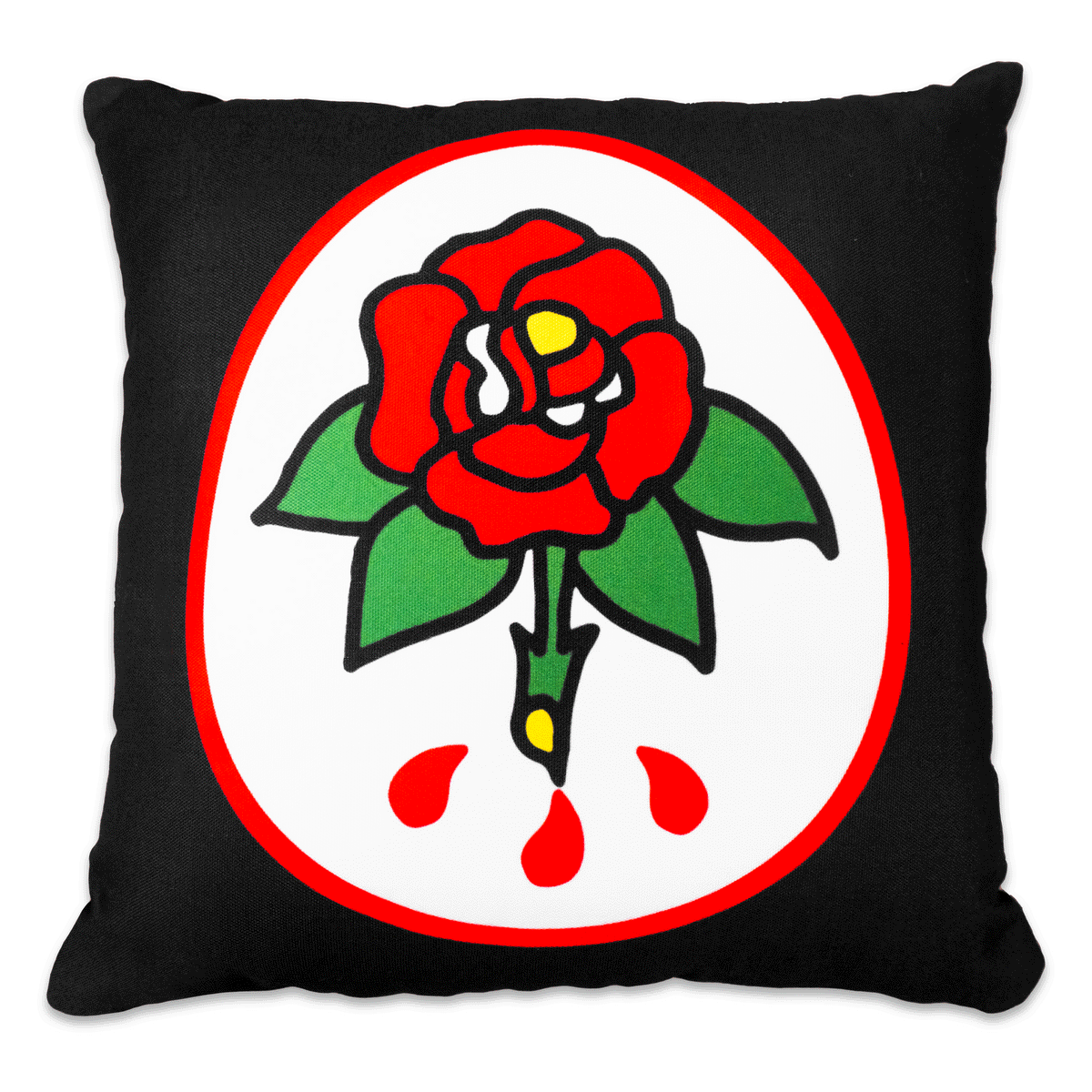Animation showing both sides of the "Sword & Rose" pillow by No Fun®