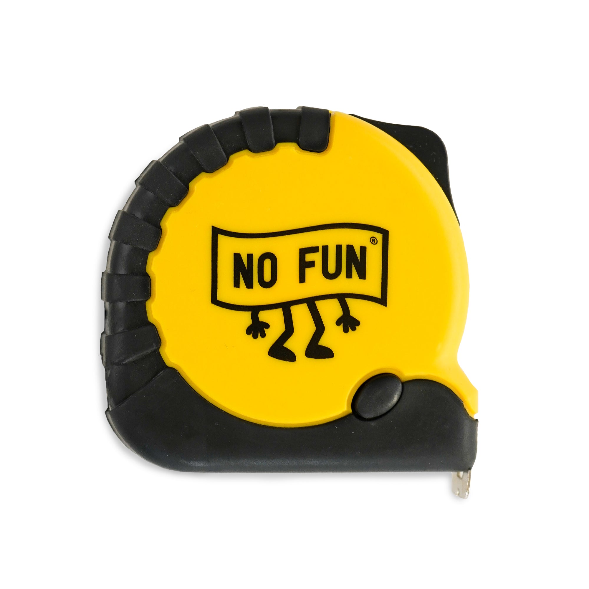 The "WORK" Tape Measure by No Fun®.  The body of the tape measure is yellow, with black accent trim.   The photo shows the product against a white background.  This side of the product features a "No Fun®" logo in the shape of a banner.  The logo also has arms and legs.  You can also see the brake on the tape measure, as well as the locking mechanism on the top right.