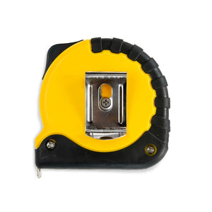 The "WORK" Tape Measure by No Fun®. The body of the tape measure is yellow, with black accent trim. The photo shows the product against a white background. This side of the product features the metal hook for hanging on your pants, or tool belt. 